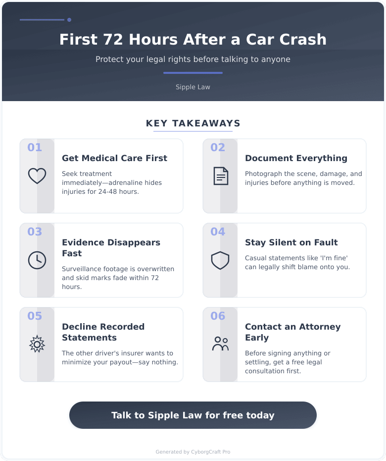 Infographic: What to Do in the First 72 Hours After a Serious Car Accident in Nebraska - Before You Talk to Anyone - Key concepts and takeaways