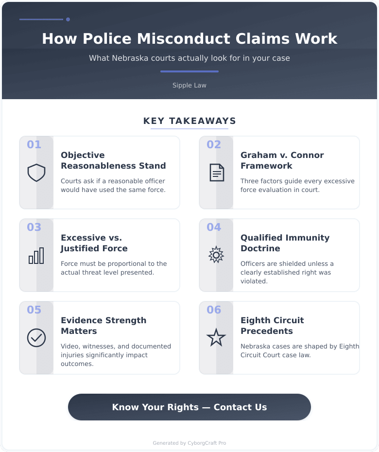 Infographic: Excessive Force or Justified? How Nebraska Courts Actually Evaluate Police Misconduct Claims - Key concepts and takeaways