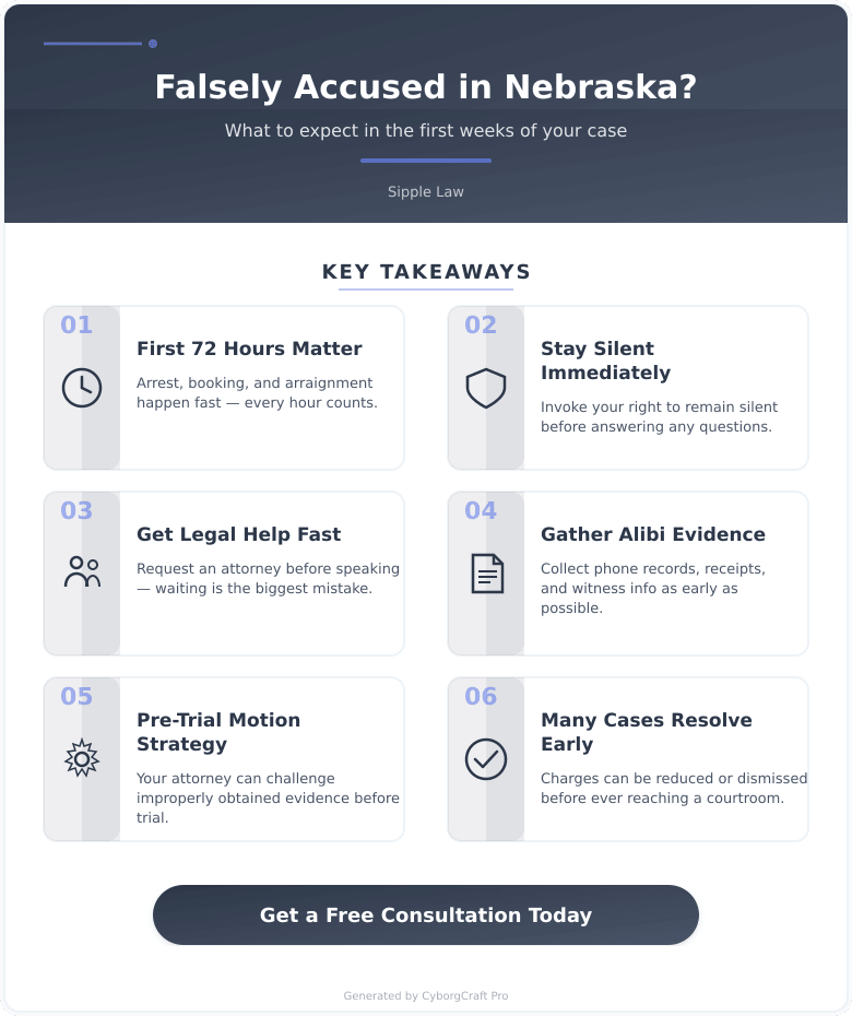 Infographic: Falsely Accused of a Crime in Nebraska? Here's What the Next Few Weeks Will Actually Look Like - Key concepts and takeaways