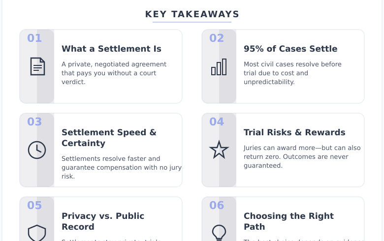 Infographic: The Difference Between a Settlement and a Trial - And Why It Matters More Than Most Injury Victims Realize - Key concepts and takeaways