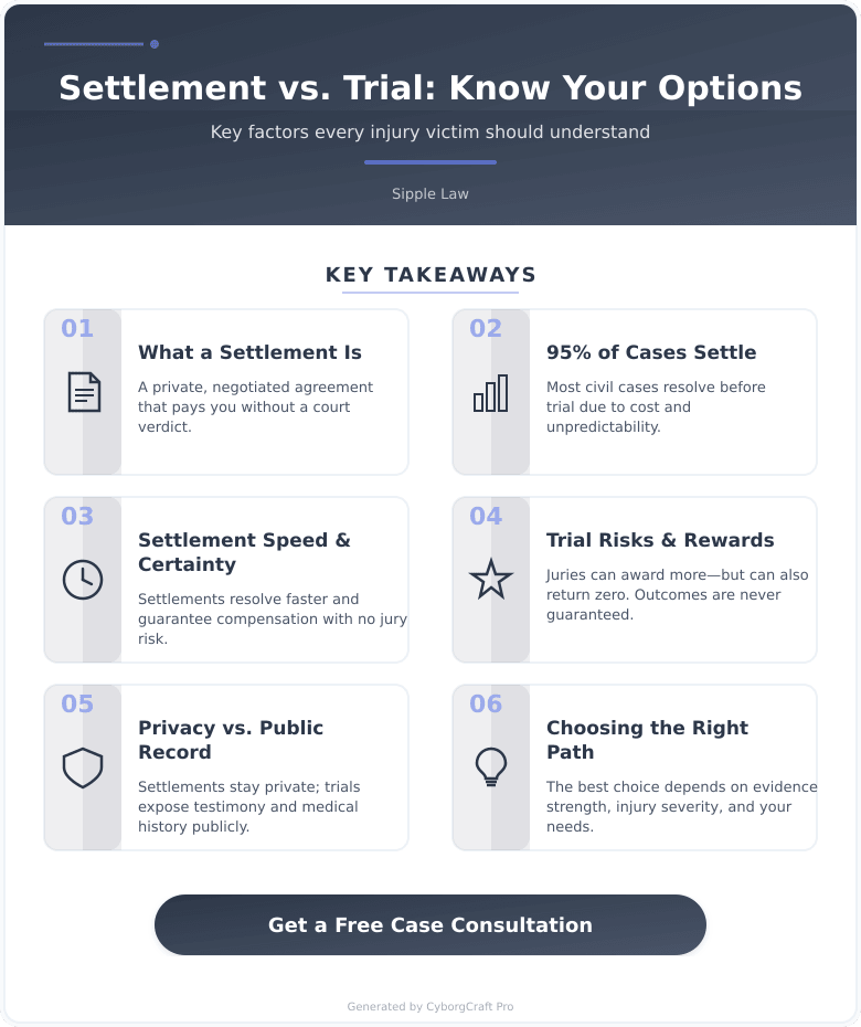 Infographic: The Difference Between a Settlement and a Trial - And Why It Matters More Than Most Injury Victims Realize - Key concepts and takeaways