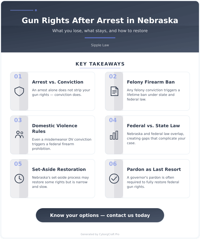 Infographic: Your Gun Rights in Nebraska After an Arrest - What You Could Lose and Whether You Can Get Them Back - Key concepts and takeaways