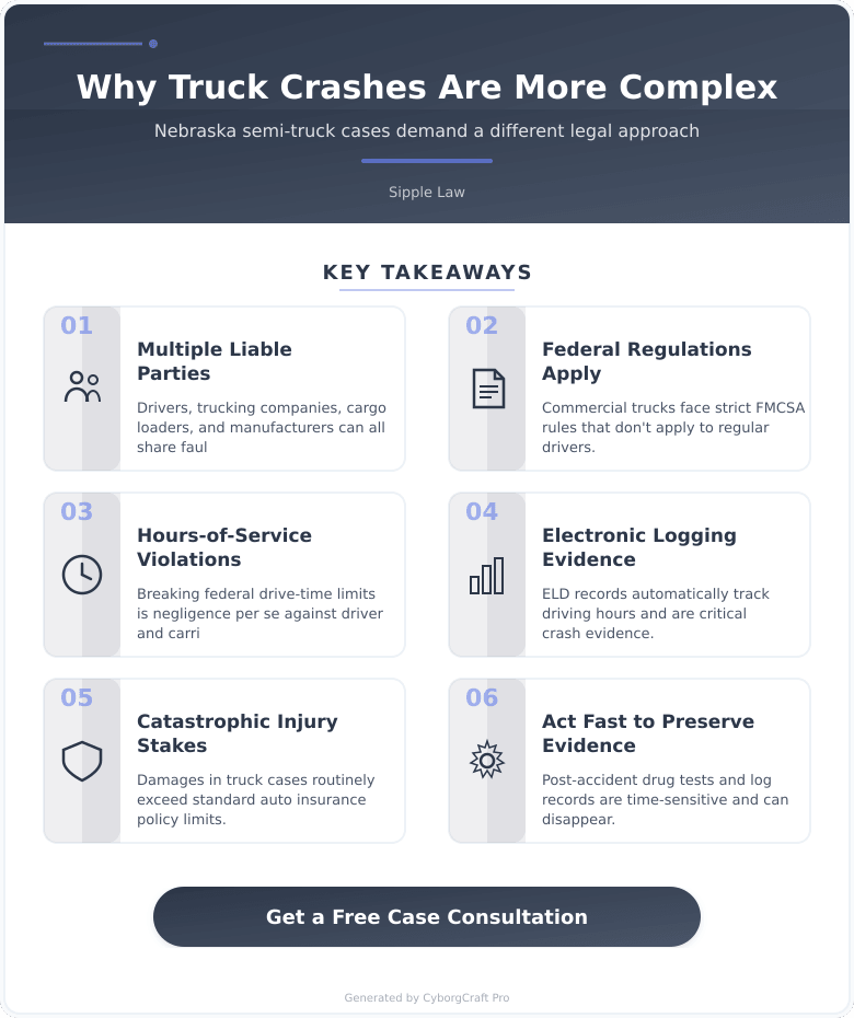 Infographic: Hit by a Semi in Nebraska? Here's Why Truck Accident Cases Are More Complicated Than Any Other Crash - Key concepts and takeaways
