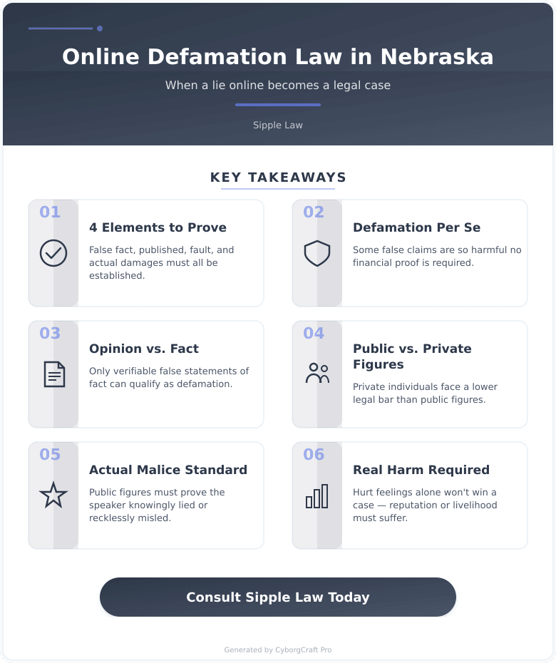 Infographic: Someone Is Spreading Lies About You or Your Business Online - When Defamation Law Actually Applies in Nebraska - Key concepts and takeaways